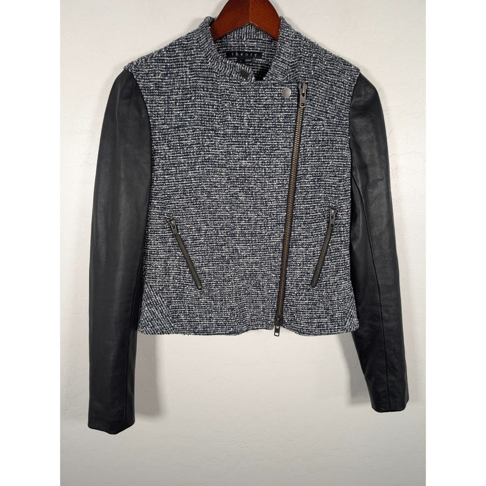 Theory Jacket Women's 2 Blue White Tweed Full-Zip Front Pockets Moto Jacket